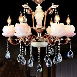 Lampadario in vetro e metallo stile europeo classico con cristalli, verde e viola
