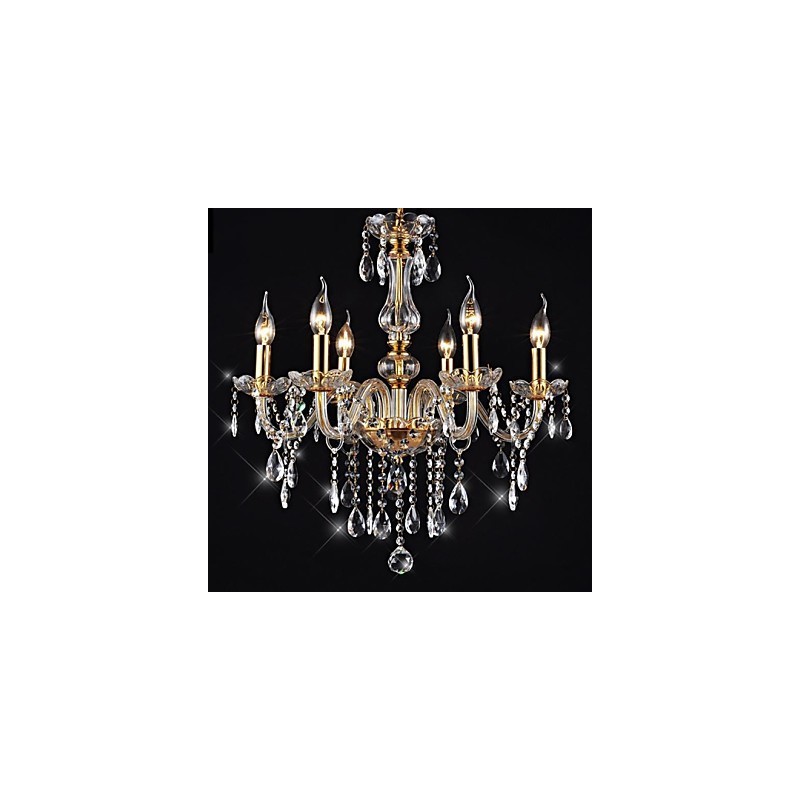 Lampadario vintage dorato a 6 luci in cristallo