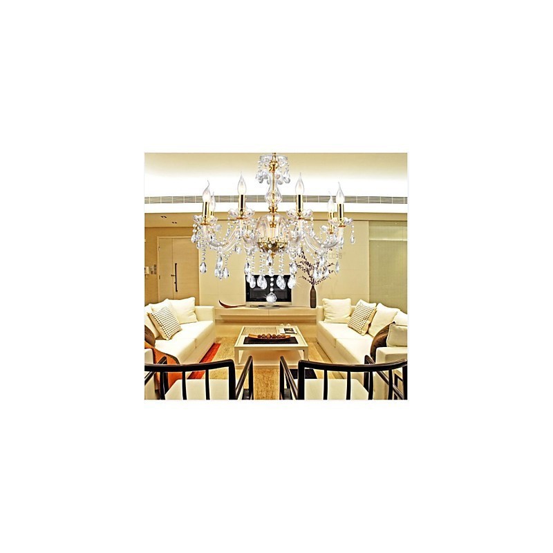 Lampadario vintage dorato a 6 luci in cristallo
