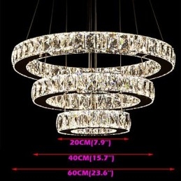 Lampadario a sospensione moderno a tre anelli D204060 in cristallo K9 trasparente, luce bianco caldo