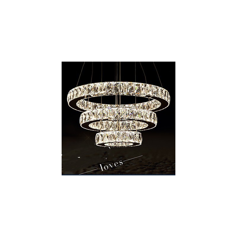 Lampadario a sospensione moderno a tre anelli D204060 in cristallo K9 trasparente, luce bianco caldo