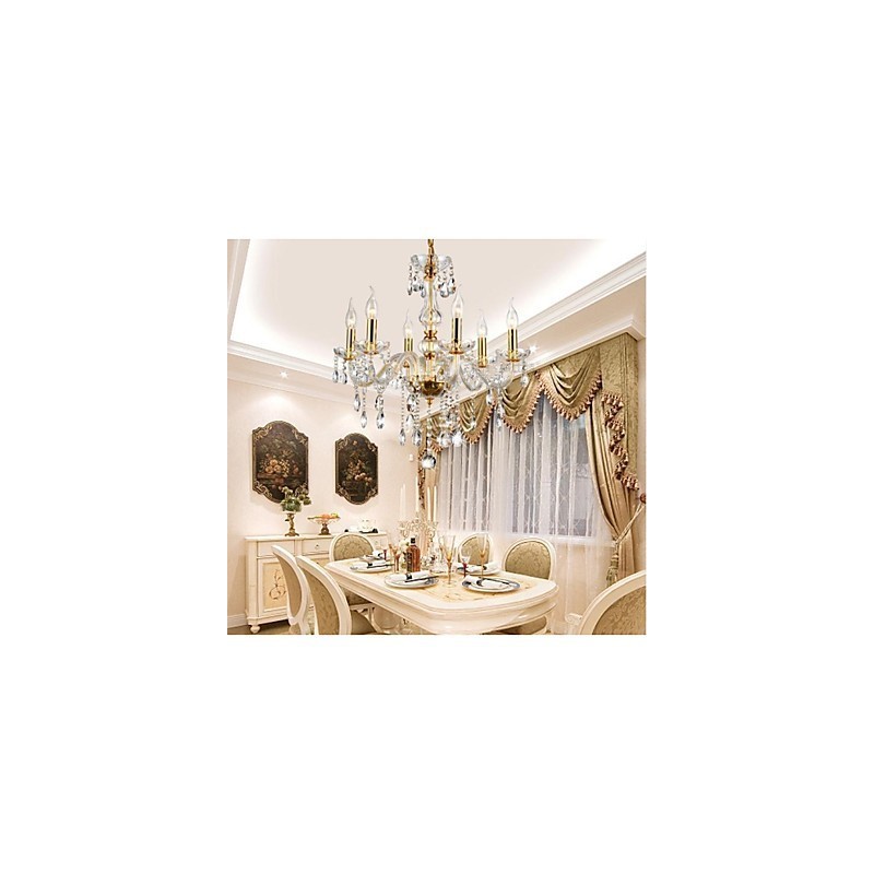Lampadario vintage dorato a 6 luci in cristallo