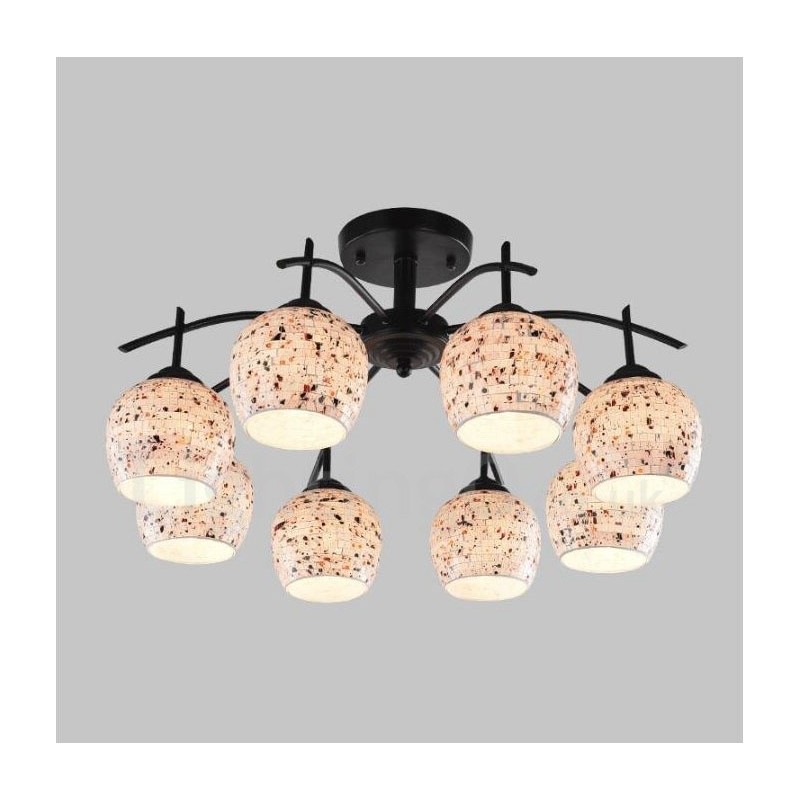Lampadario mediterraneo a 8 luci con paralumi in vetro 65x34 cm