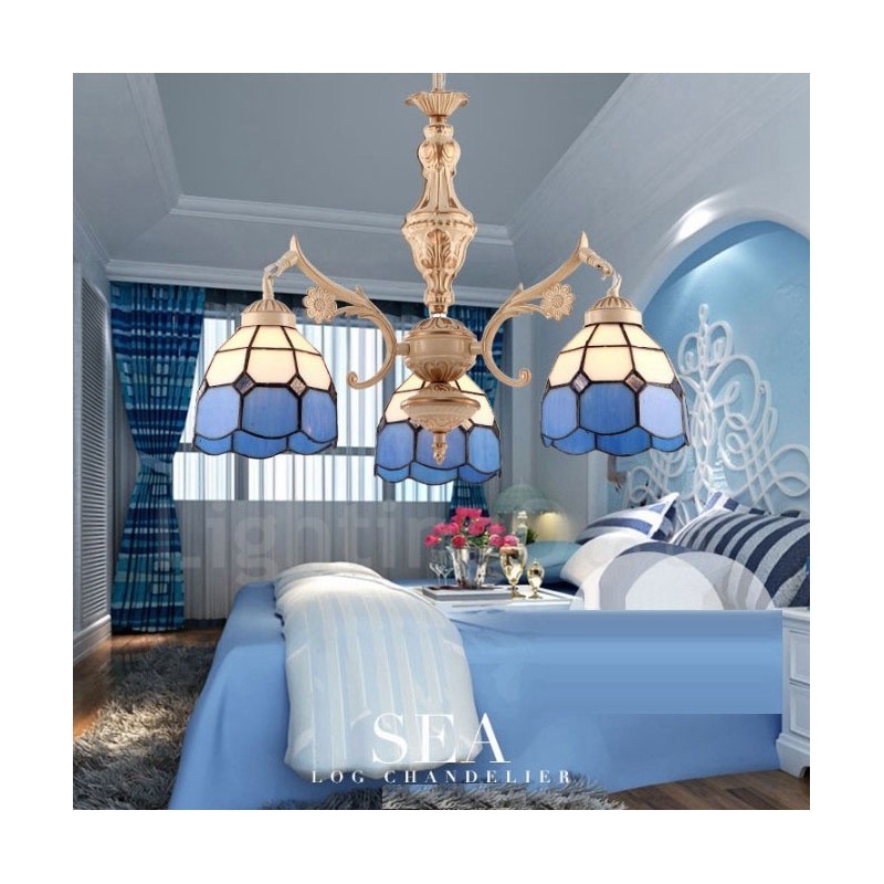 Lampadario mediterraneo in metallo e vetro a 3 luci con LED integrato