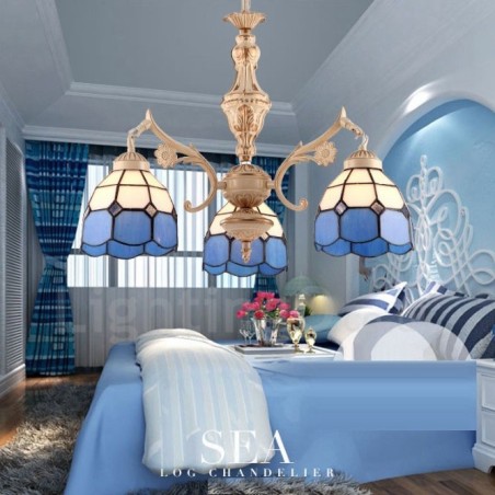 Lampadario mediterraneo in metallo e vetro a 3 luci con LED integrato