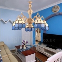 Lampadario mediterraneo in metallo con paralume in vetro, LED integrato, 5 luci