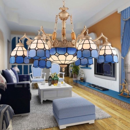 Lampadario mediterraneo in metallo e vetro a 9 luci con LED integrato