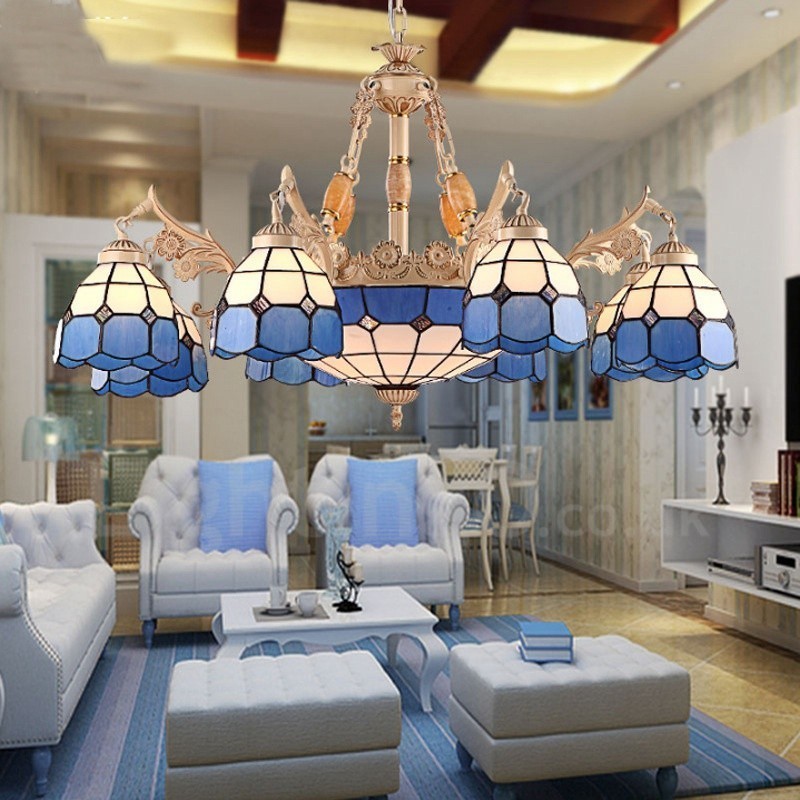 Lampadario mediterraneo 11 luci con paralume in vetro e struttura in metallo, LED integrato