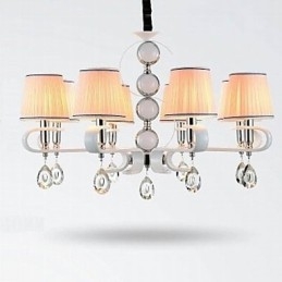 Lampadario moderno in tessuto beige 8 luci anello argento e giada bianca