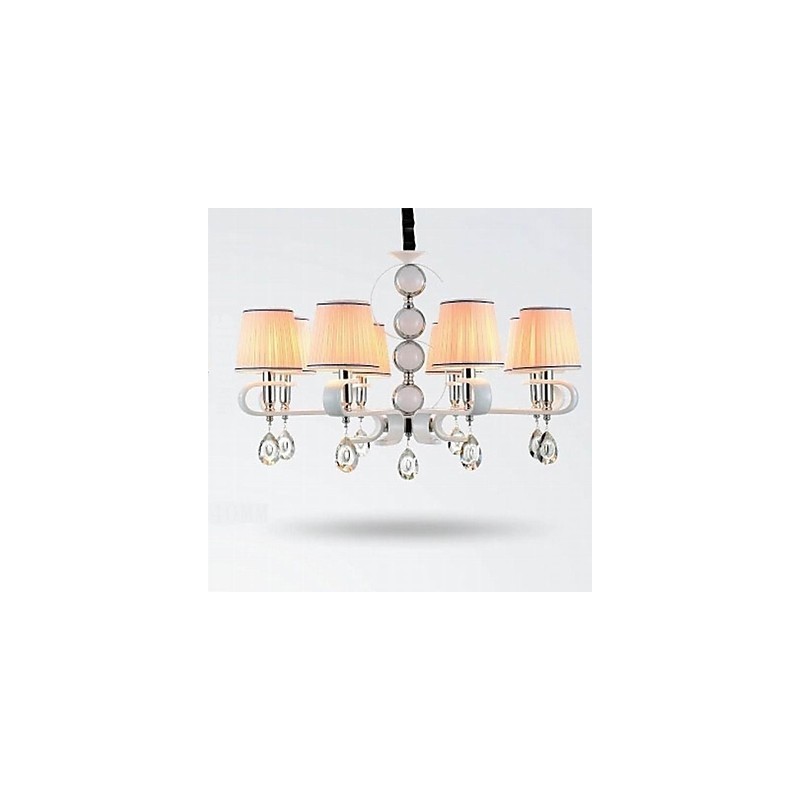 Lampadario moderno in tessuto beige 8 luci anello argento e giada bianca
