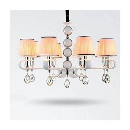 Lampadario moderno in tessuto beige 8 luci anello argento e giada bianca