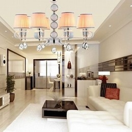 Lampadario moderno in tessuto beige 8 luci anello argento e giada bianca