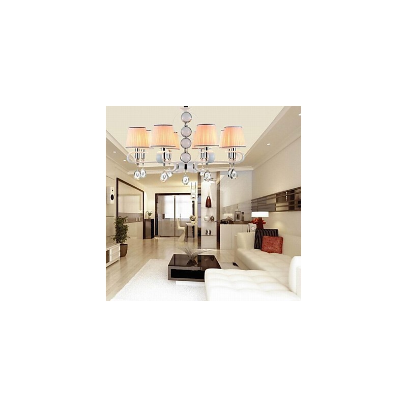 Lampadario moderno in tessuto beige 8 luci anello argento e giada bianca