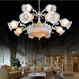 Lampadario classico vintage retrò in metallo bianco e vetro bianco, 2 livelli