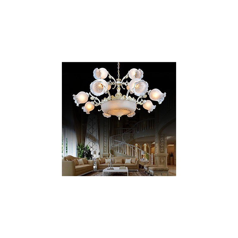Lampadario classico vintage retrò in metallo bianco e vetro bianco, 2 livelli