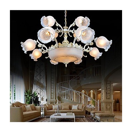 Lampadario classico vintage retrò in metallo bianco e vetro bianco, 2 livelli