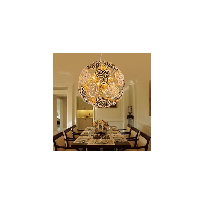 Lampadario a sospensione moderno con sfera in cristallo e dettagli in metallo dorato