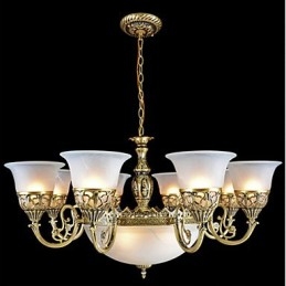 Lampadario classico retrò in bronzo a 11 luci con paralumi in vetro moiré