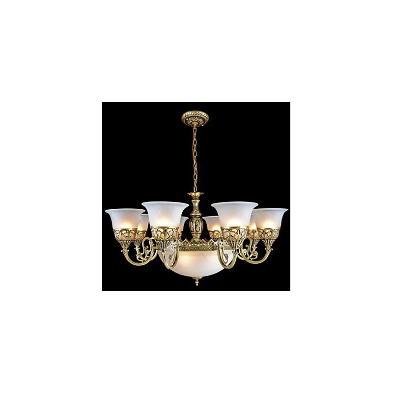 Lampadario classico retrò in bronzo a 11 luci con paralumi in vetro moiré