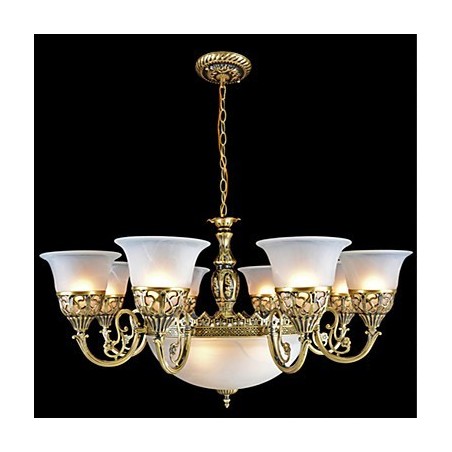 Lampadario classico retrò in bronzo a 11 luci con paralumi in vetro moiré