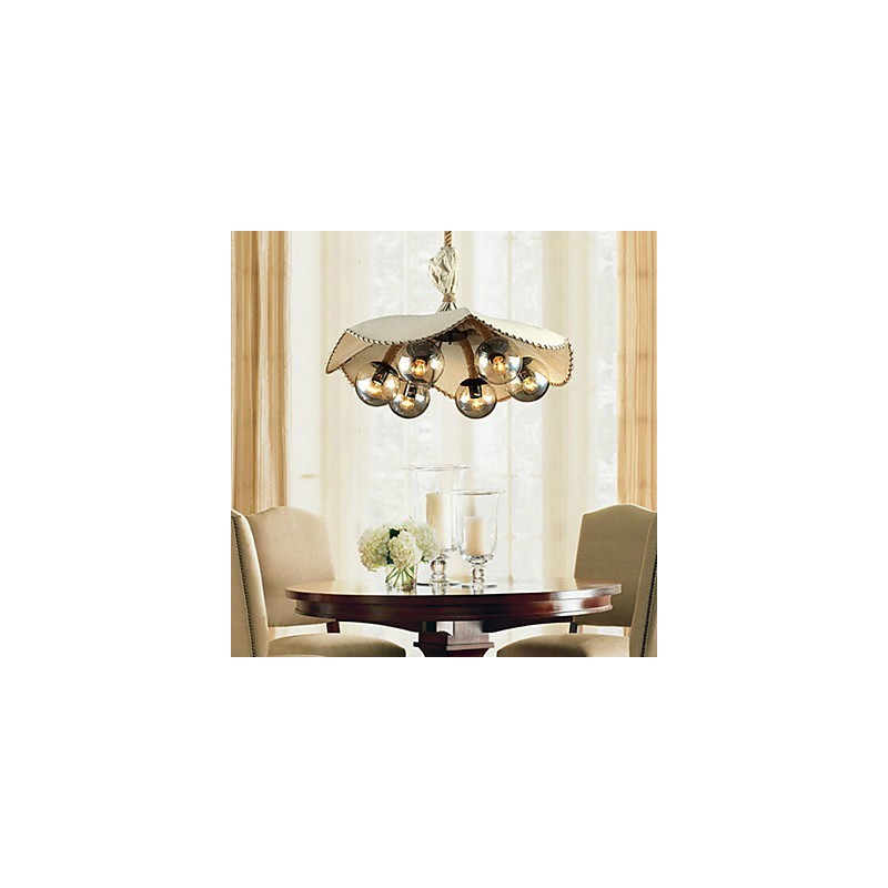 Mini lampadario vintage in metallo beige con paralume in tessuto giallo