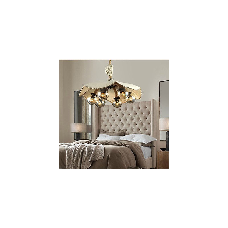 Mini lampadario vintage in metallo beige con paralume in tessuto giallo