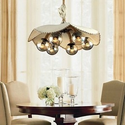 Mini lampadario vintage in metallo beige con paralume in tessuto giallo