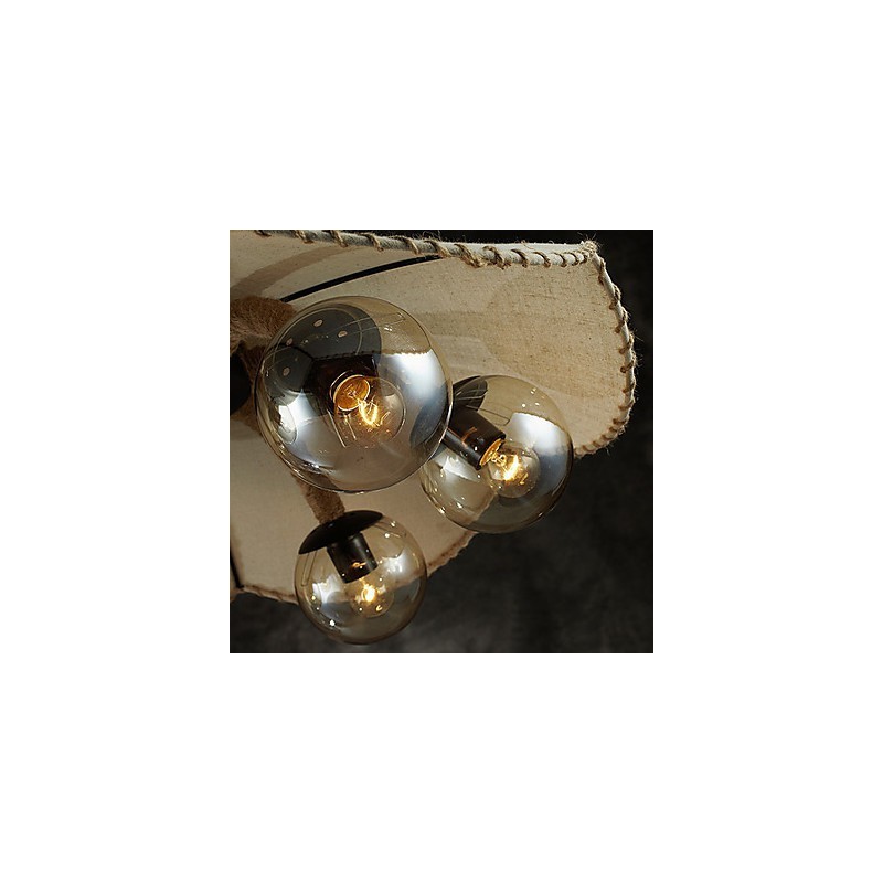 Mini lampadario vintage in metallo beige con paralume in tessuto giallo