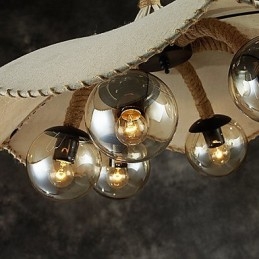 Mini lampadario vintage in metallo beige con paralume in tessuto giallo