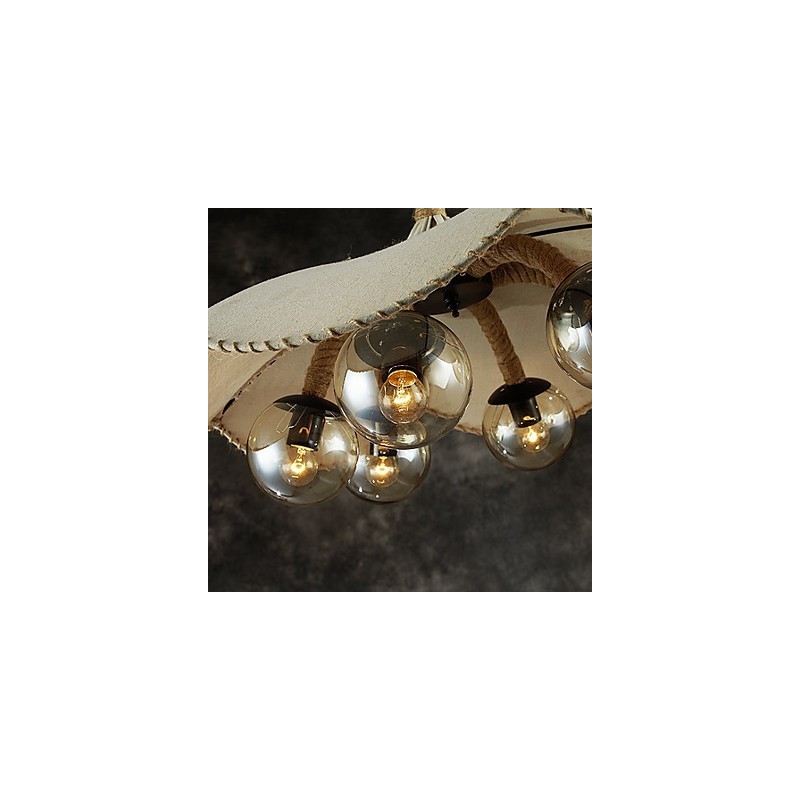 Mini lampadario vintage in metallo beige con paralume in tessuto giallo