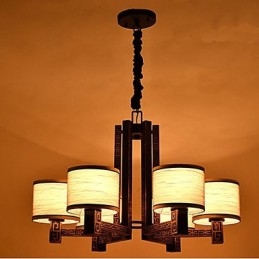Lampadario stile cinese marrone con paralumi beige e bianchi, 6 lampadine E26/E27