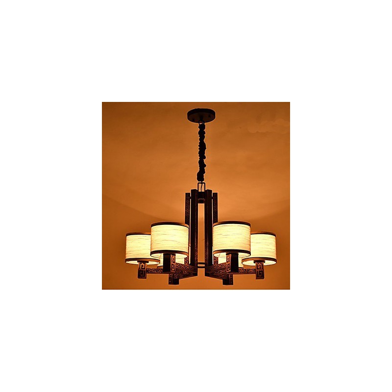 Lampadario stile cinese marrone con paralumi beige e bianchi, 6 lampadine E26/E27