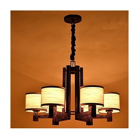 Lampadario stile cinese marrone con paralumi beige e bianchi, 6 lampadine E26/E27