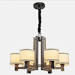 Lampadario stile cinese marrone con paralumi beige e bianchi, 6 lampadine E26/E27