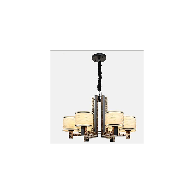 Lampadario stile cinese marrone con paralumi beige e bianchi, 6 lampadine E26/E27