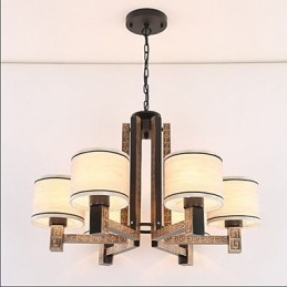 Lampadario stile cinese marrone con paralumi beige e bianchi, 6 lampadine E26/E27