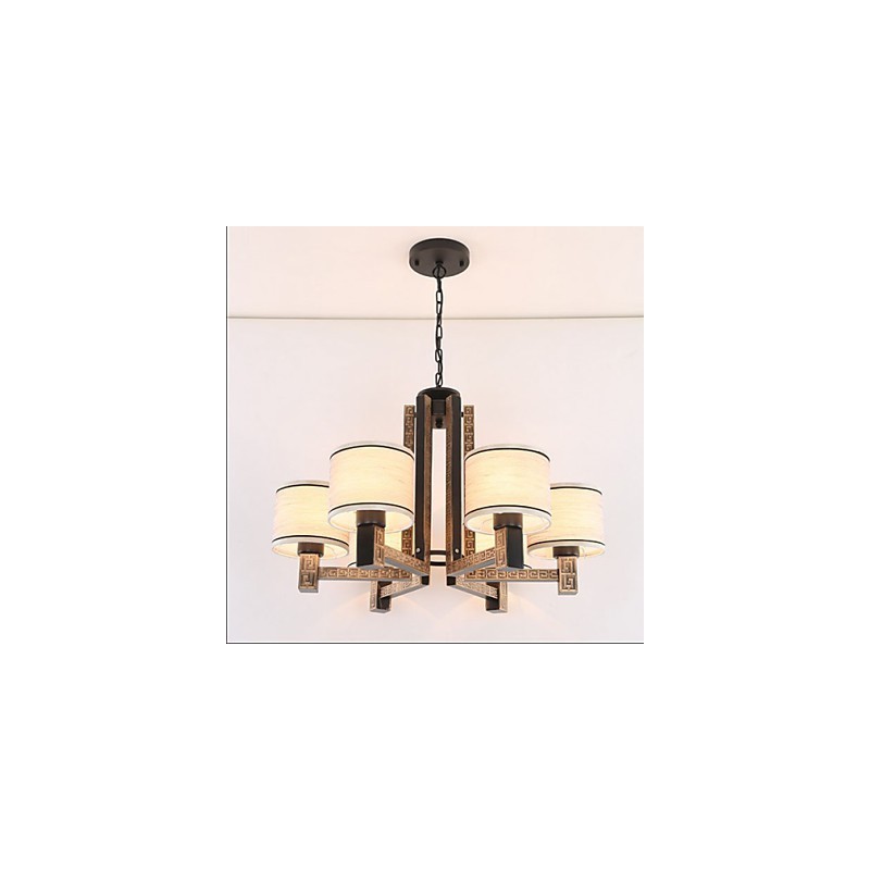 Lampadario stile cinese marrone con paralumi beige e bianchi, 6 lampadine E26/E27