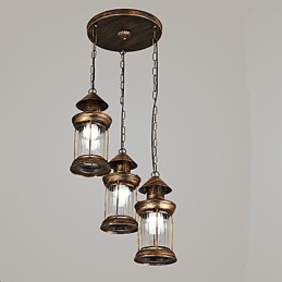 Lampada a sospensione rustica vintage in metallo e vetro, 3 lampadine E12/E14, 30 cm