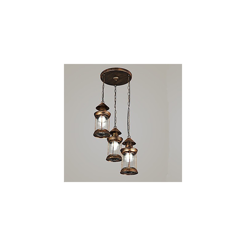Lampada a sospensione rustica vintage in metallo e vetro, 3 lampadine E12/E14, 30 cm