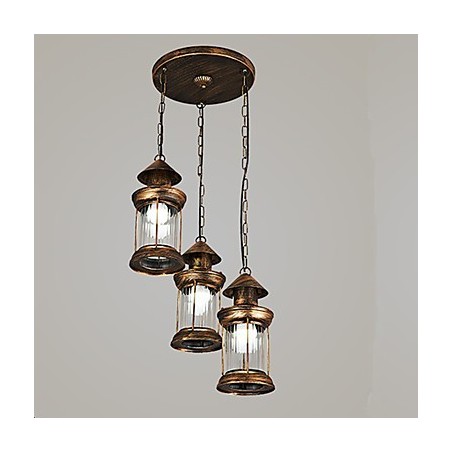 Lampada a sospensione rustica vintage in metallo e vetro, 3 lampadine E12/E14, 30 cm