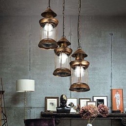 Lampada a sospensione rustica vintage in metallo e vetro, 3 lampadine E12/E14, 30 cm