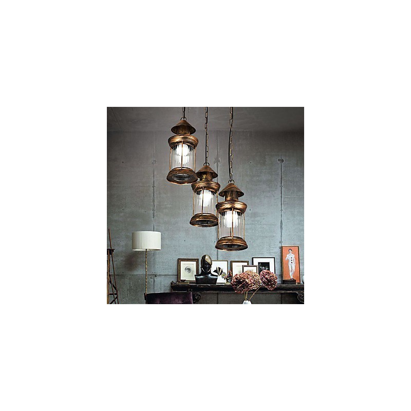 Lampada a sospensione rustica vintage in metallo e vetro, 3 lampadine E12/E14, 30 cm