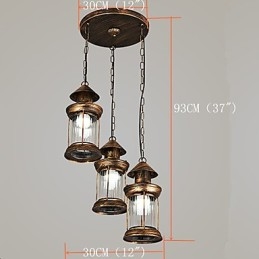 Lampada a sospensione rustica vintage in metallo e vetro, 3 lampadine E12/E14, 30 cm