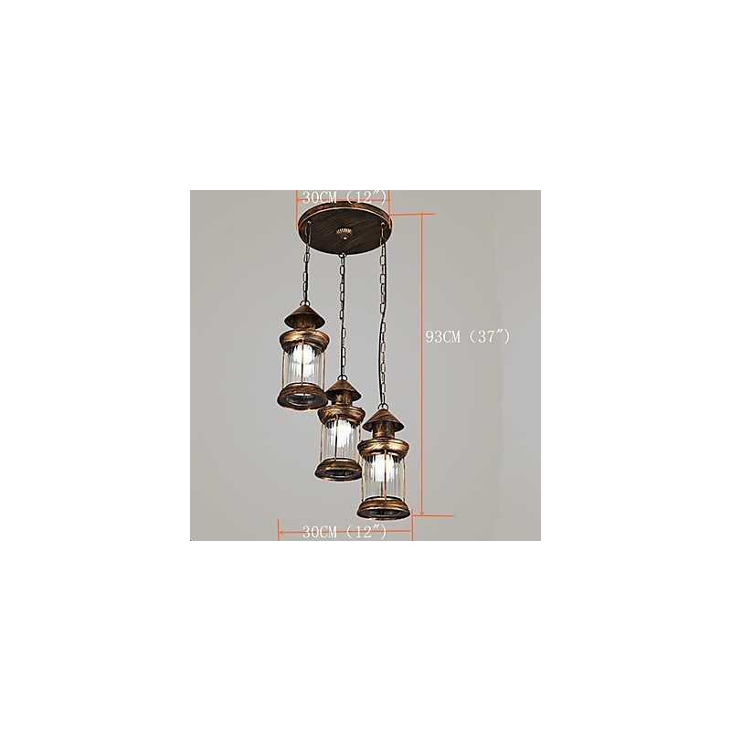 Lampada a sospensione rustica vintage in metallo e vetro, 3 lampadine E12/E14, 30 cm