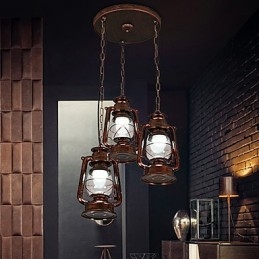 Lampadario a sospensione in metallo stile retrò rustico vintage con vetro, 3 lampadine E12/E14