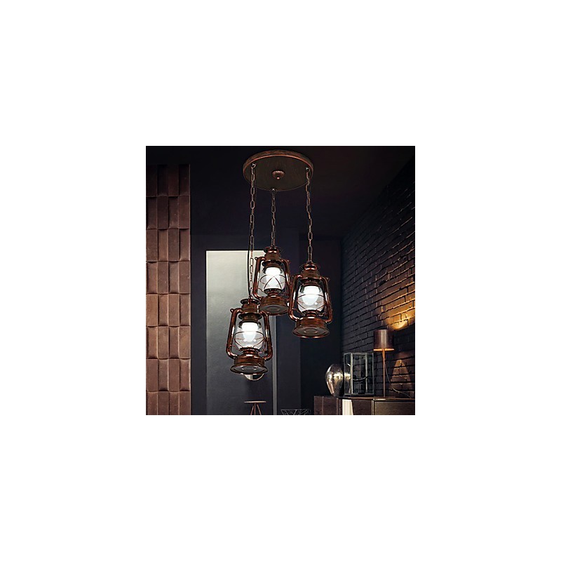 Lampadario a sospensione in metallo stile retrò rustico vintage con vetro, 3 lampadine E12/E14