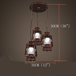 Lampadario a sospensione in metallo stile retrò rustico vintage con vetro, 3 lampadine E12/E14