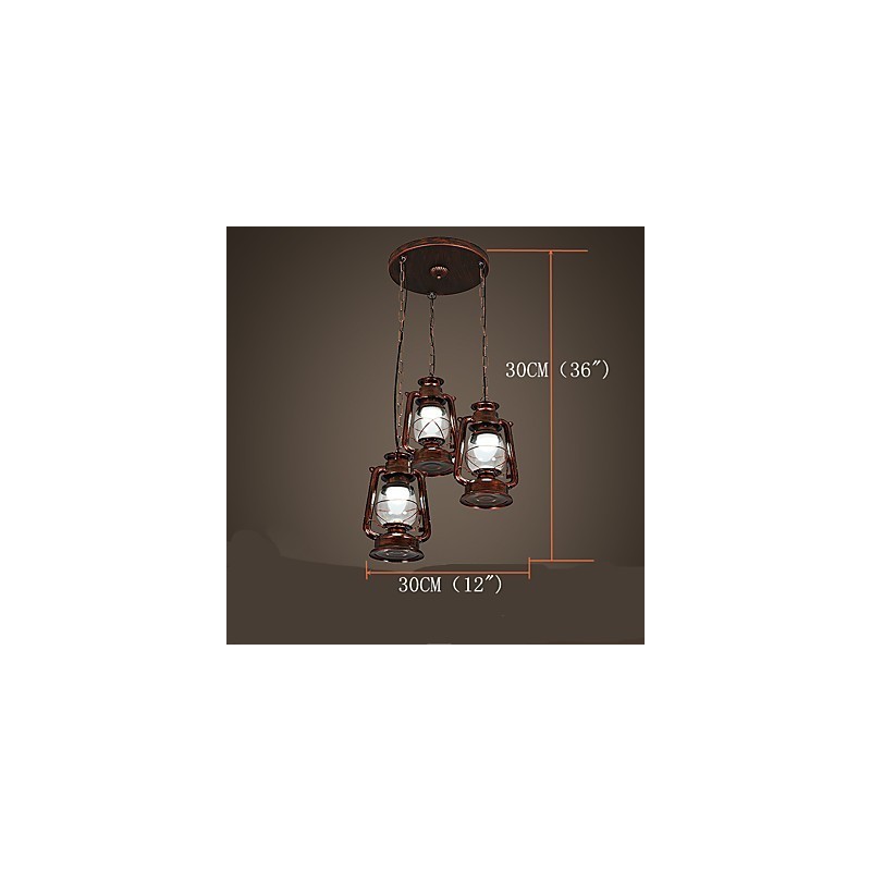 Lampadario a sospensione in metallo stile retrò rustico vintage con vetro, 3 lampadine E12/E14