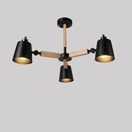 Lampadario vintage in metallo dipinto con dettagli in legno o bambù, 3 luci E26/E27