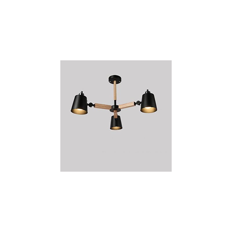 Lampadario vintage in metallo dipinto con dettagli in legno o bambù, 3 luci E26/E27